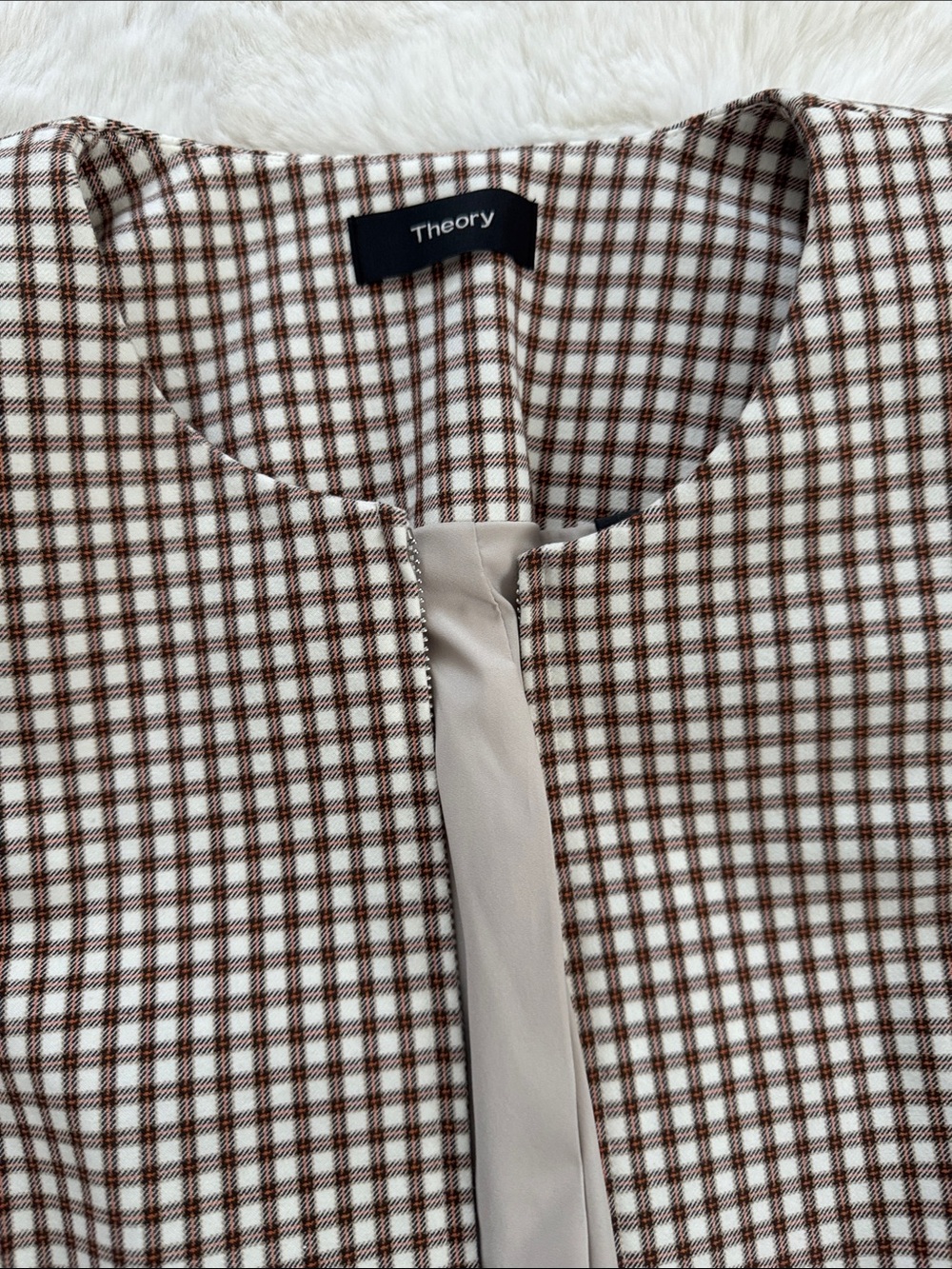 THEORY “Sculpture” brown & ivory plaid - cotton blend size 6 cinched waist